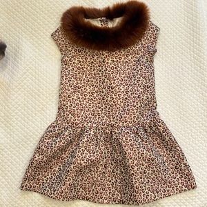 Fur-collar cheetah dress with metallic gold thread